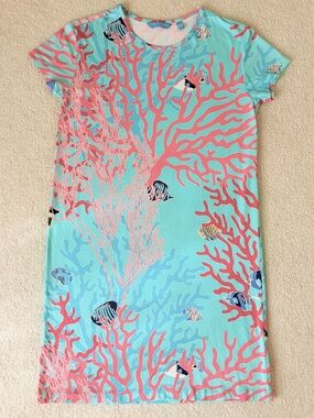 Tori Richard Honolulu Hawaii Tropical Coral Reef Shift Dress Turquoise Fish NWOT